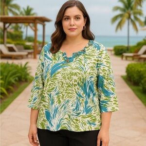 Hearts of Palm Womens Shirt Top 3/4 Sleeve 2X Floral tropical beach vacation